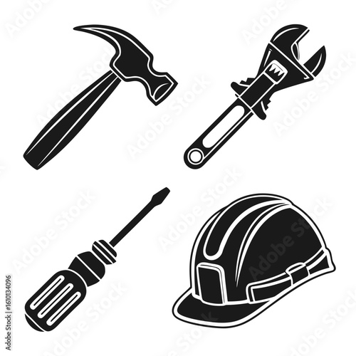 Hammer wrench screwdriver hard hat icons construction