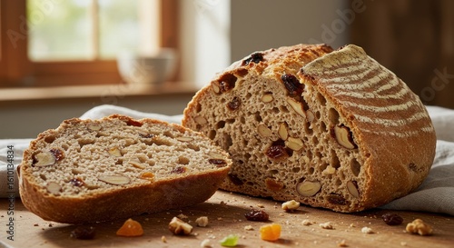 Fototapeta Naklejka Na Ścianę i Meble -  Freshly Baked Whole Grain Bread with Nuts and Dried Fruits on Wooden Table Near Window