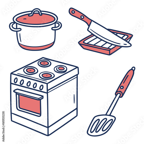 Kitchenware icons pot stove knife spatula cooking oven