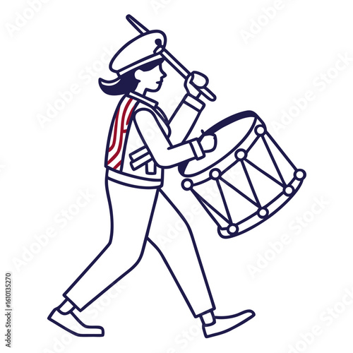 Marching drummer boy with drum and baton vector