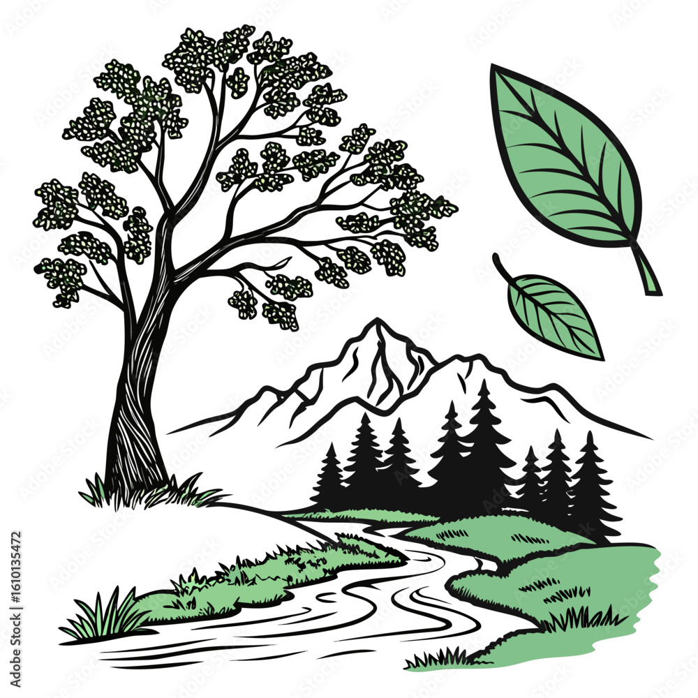 Obraz premium Lush green landscape with flowing river and majestic mountains
