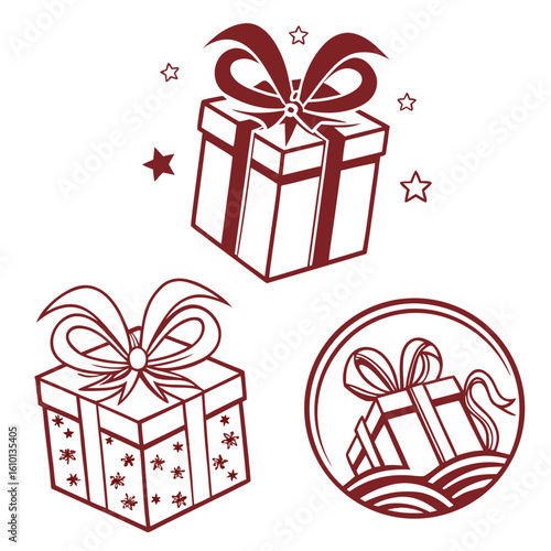 Maroon gift boxes with bows and stars icons present ribbon
