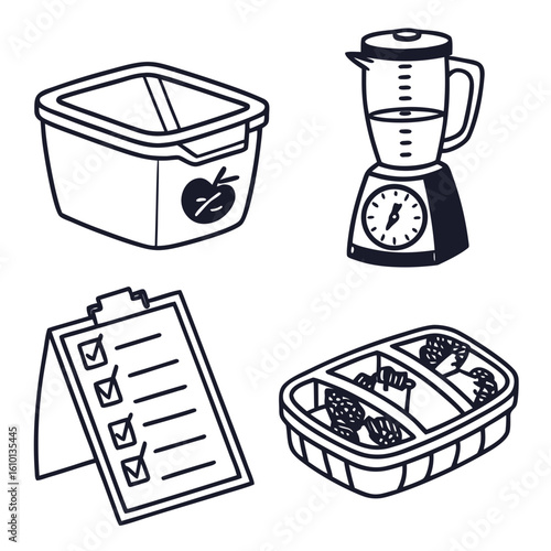 Meal prep icons food container blender checklist healthy eating