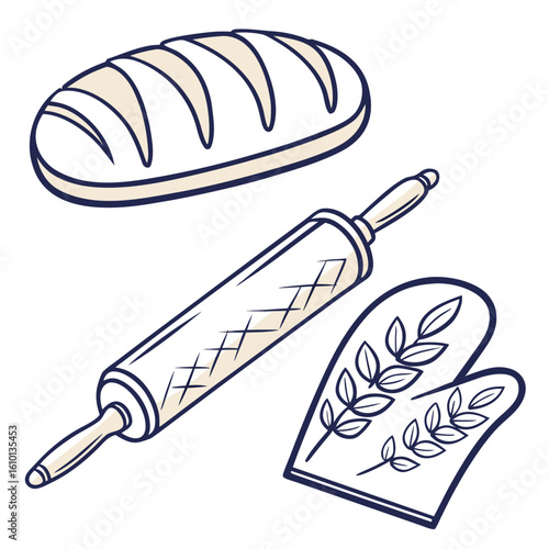 Loaf of bread rolling pin and oven mitts baking