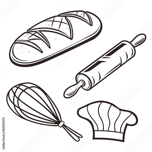 Loaf bread rolling pin whisk chef hat vector