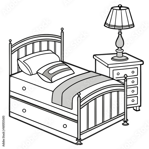 Metal bed with pillows and bedside table lamp blanket