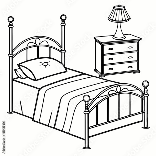 Metal bed with pillows and bedside table with lamp frame headboard