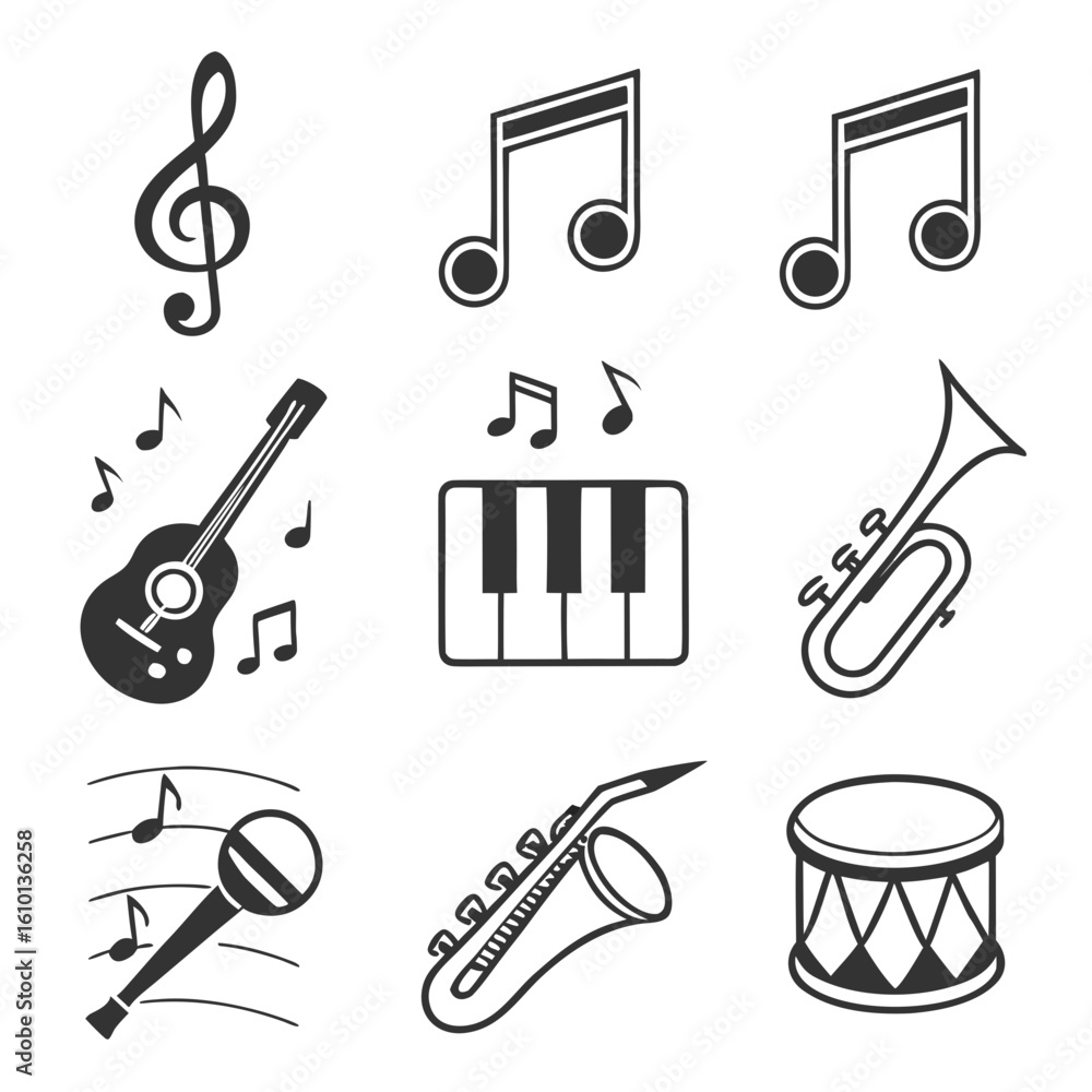 Fototapeta premium Musical Instruments and Notes Collection treble clef guitar