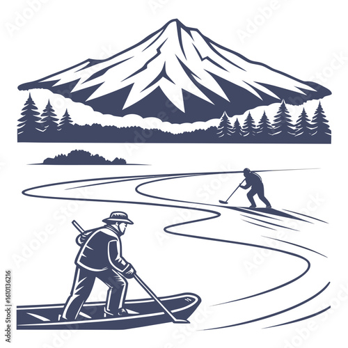 Mountain landscape with people on frozen lake snow trees