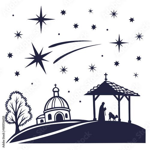 Nativity scene with starry sky and shepherd christmas