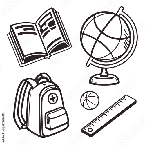 Open book globe backpack ruler basketball world globe