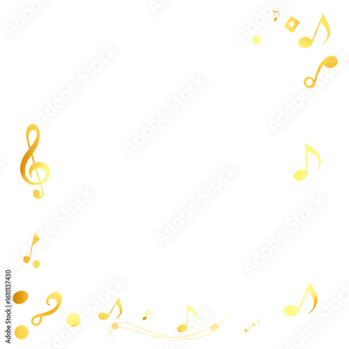 Gold music notes horizonal frame with copy space for text. Golden sound symbols watercolor illustration isolated background. Audio element rectangle border for school design, invitation, greeting card