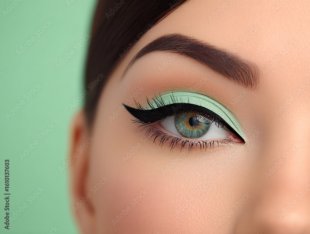 Obraz premium pastel green background with focus on winged eyeliner