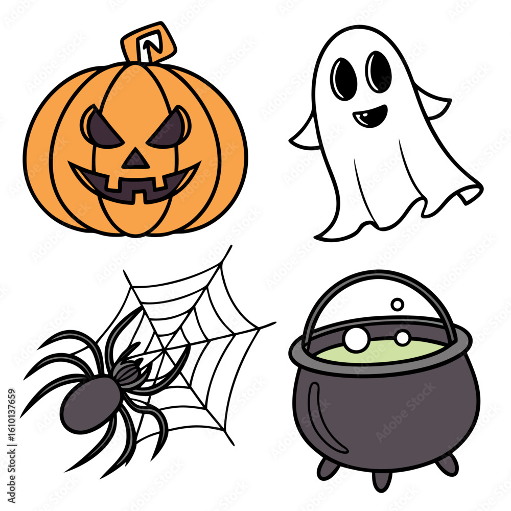 Fototapeta premium Orange pumpkin ghost spider cauldron halloween jack o lantern