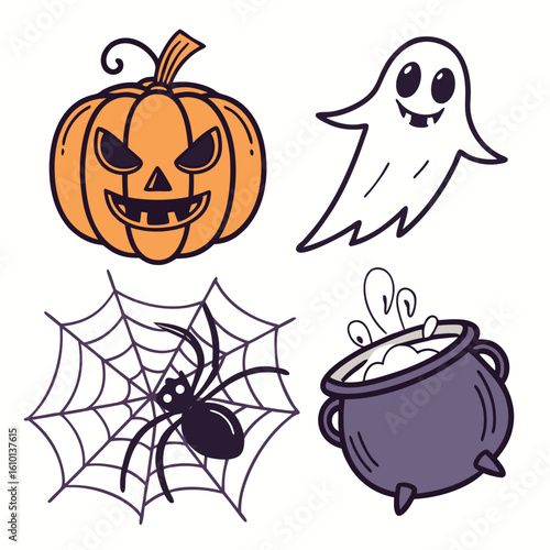 Orange pumpkin ghost spider cauldron cobweb Halloween icons vector