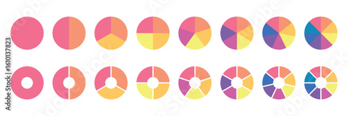 Set of colorful pie charts. Colorful pie charts with varying segments. Circle section graph. Pie chart set. Pie charts diagrams. Different color circles. donut and pie chart infographic elements set.