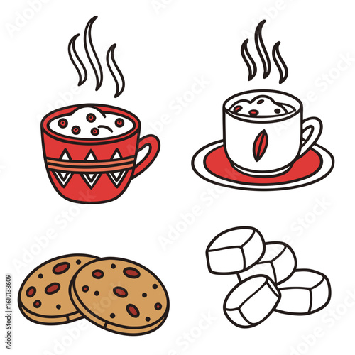 Red and white cups with steam cookies and marshmallows