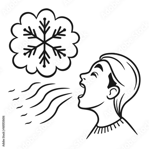 Person exhaling cold air with snowflake breath