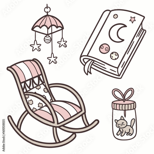 Pink and beige nursery icons with rocking chair book and cat mobile