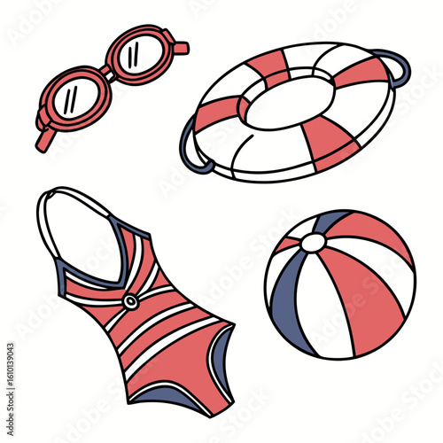 Red white blue swimming gear collection swimming goggles