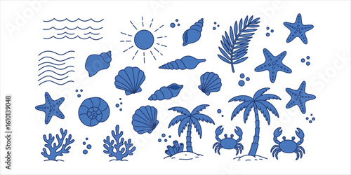 Blue cartoon beach elements including shells starfish palm trees and crabs ocean summer