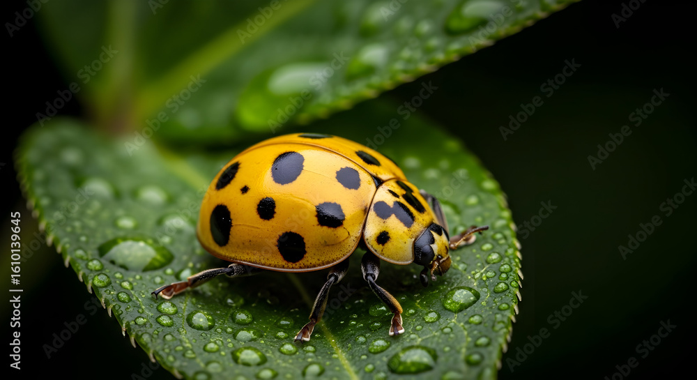 Fototapeta premium Yellow Ladybug with Black Spots Sitting on Wet Green Leaf