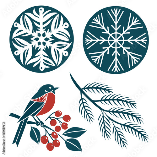 Robin on branch with berries and snowflakes christmas