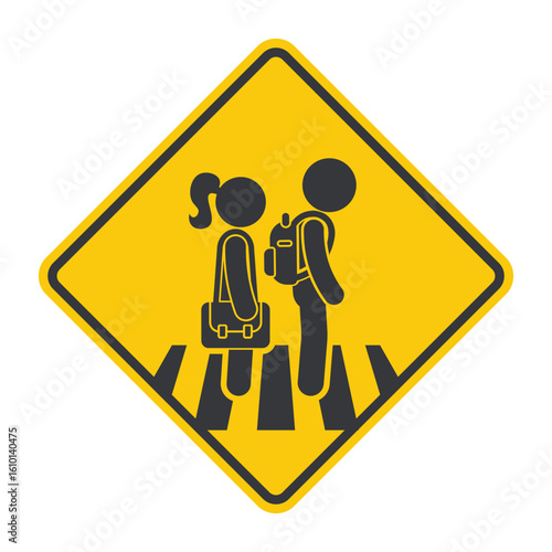 Isolated diamond traffic sign showing school zone warning with student pictogram, used for alert signs to drive slowly and watch for children.