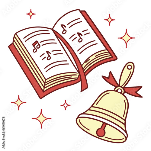 Red book with musical notes and golden bell with red ribbon vector