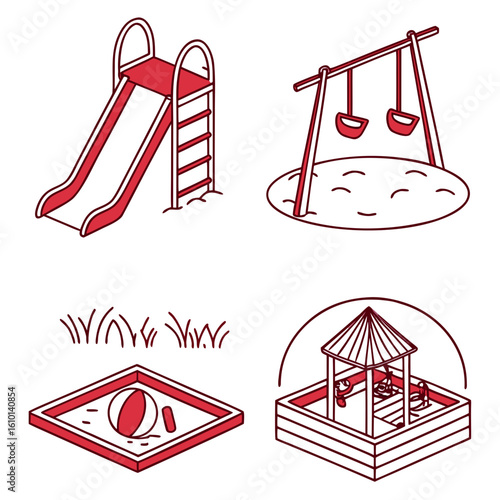 Red playground equipment slide swings sandbox with ball vector