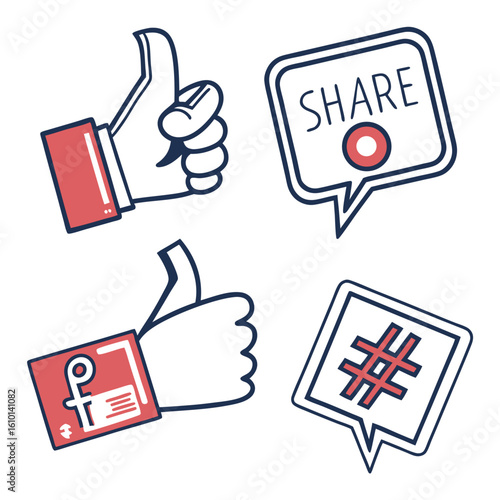 Social media icons thumbs up share hashtag vector