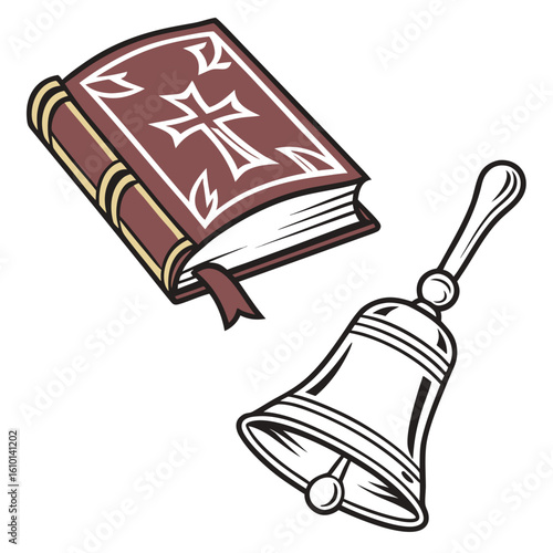 Religious book with cross and hand bell hymn book christianity