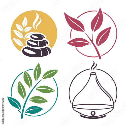 Spa wellness icons with leaves and diffuser aroma diffuser