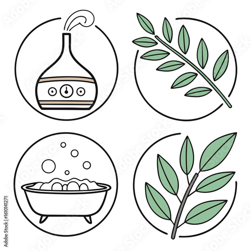 Spa wellness icons with leaves and diffuser aroma steam