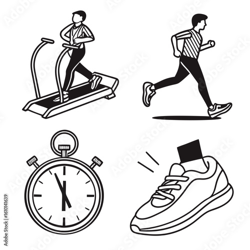 Running man treadmill stopwatch sneaker icons cardio exercise