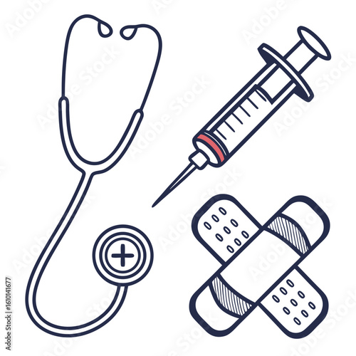 Stethoscope syringe and bandages icons medical healthcare