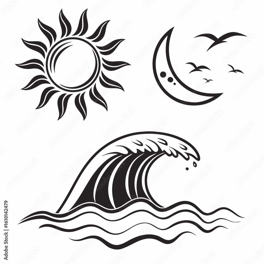 Obraz premium Sun moon wave and birds ocean