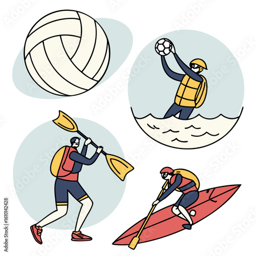 Summer water sports and beach ball volleyball kayaking