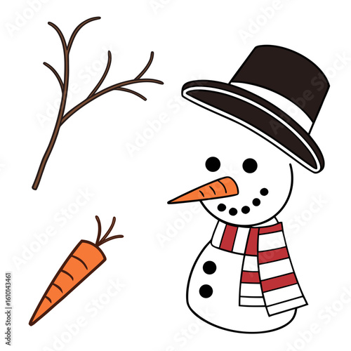 Snowman parts with hat and carrot nose winter holiday