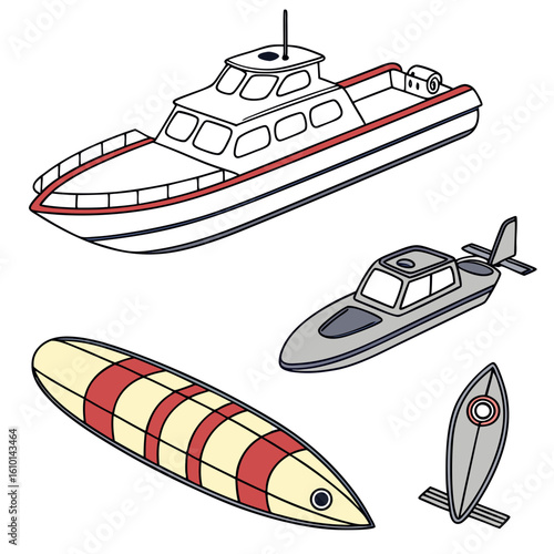 Various Watercraft and Surfboard boat ship