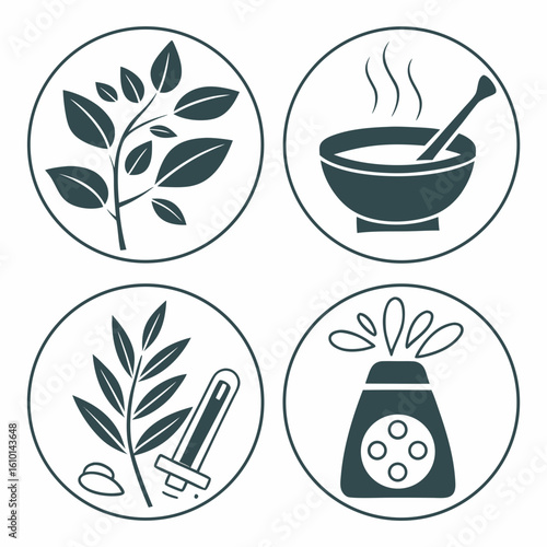 Wellness spa icons with leaves mortar and diffuser