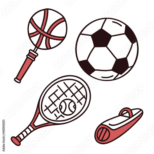Sports equipment collection basketball soccer tennis racket soccer ball tennis ball