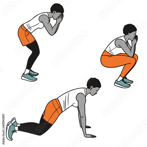Woman performing push up squat sit up exercises fitness
