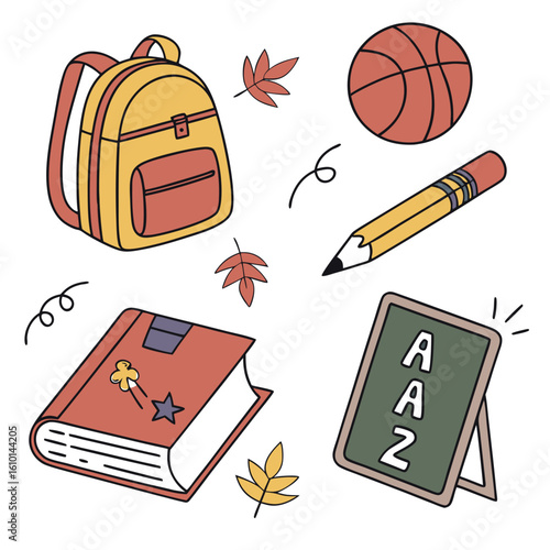Yellow backpack red book yellow pencil basketball green chalkboard with letters