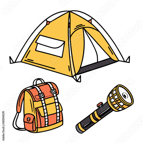 Yellow tent orange backpack black flashlight camping