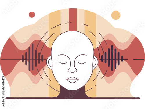 Abstract Illustration of Sound Waves Entering the Ears of a Meditative Person with Closed Eyes