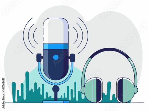Podcast Recording Setup with Microphone Headphones and Audio Waves in a Clean Modern Style Illustration