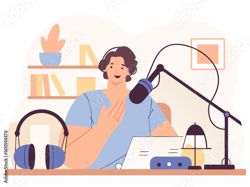 Podcast Host Recording a Show with Microphone and Headphones in Home Studio Illustration podcast host