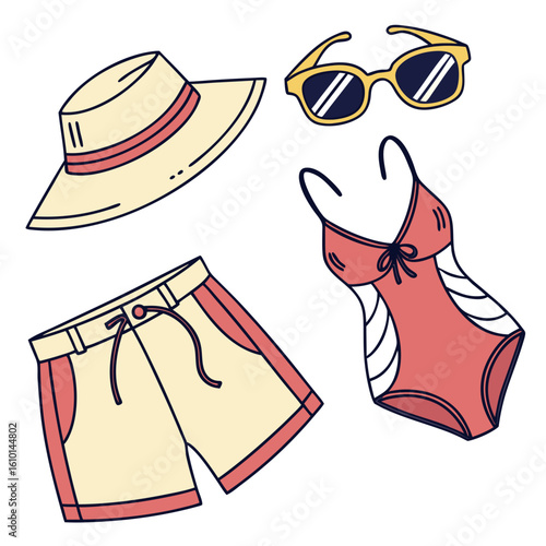 Summer beachwear collection with hat shorts swimsuit sunglasses vacation travel