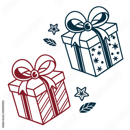 Two festive gift boxes with bows and decorative elements present ribbon